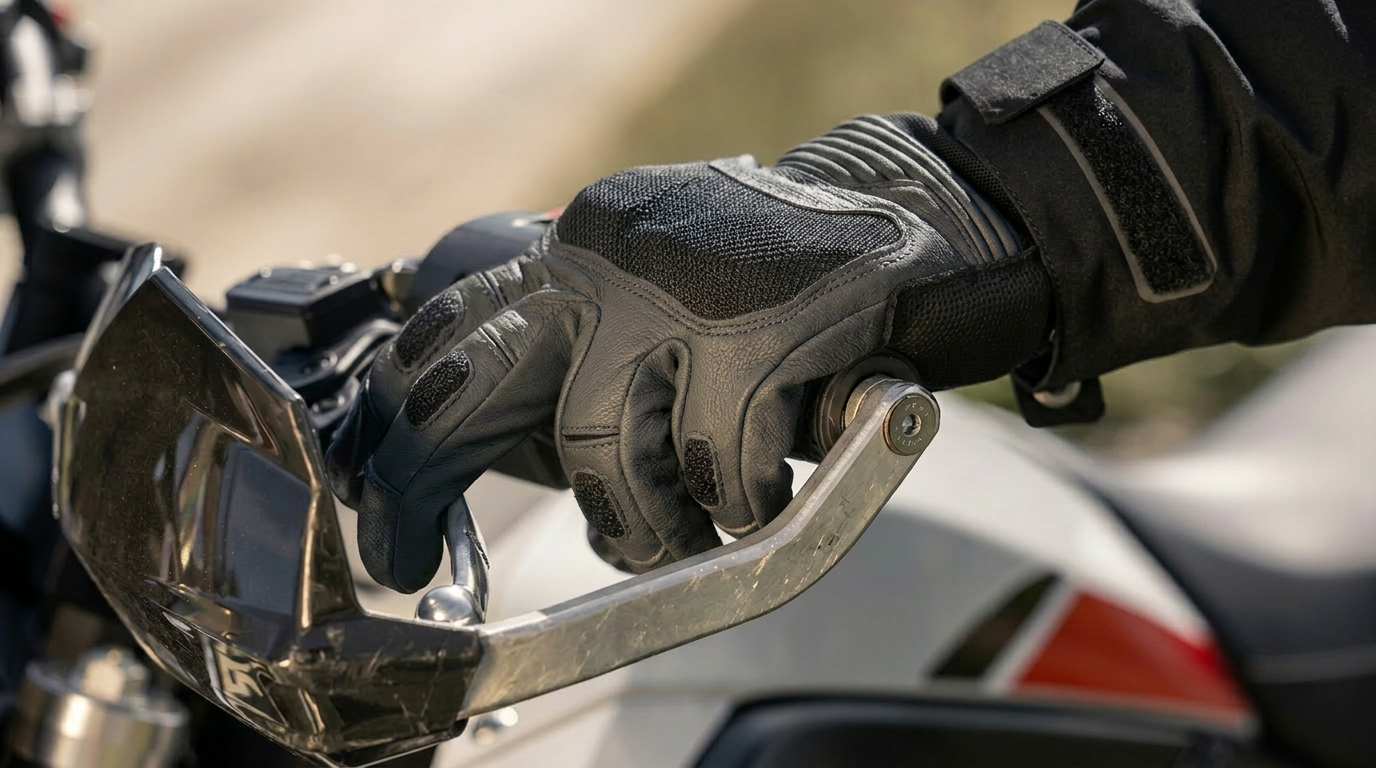 Armored motorcycle riding gloves gripping a handlebar, editorial industrial photography