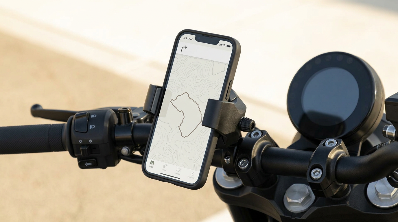 Precision-machined motorcycle handlebar phone mount, anodized black, studio lighting