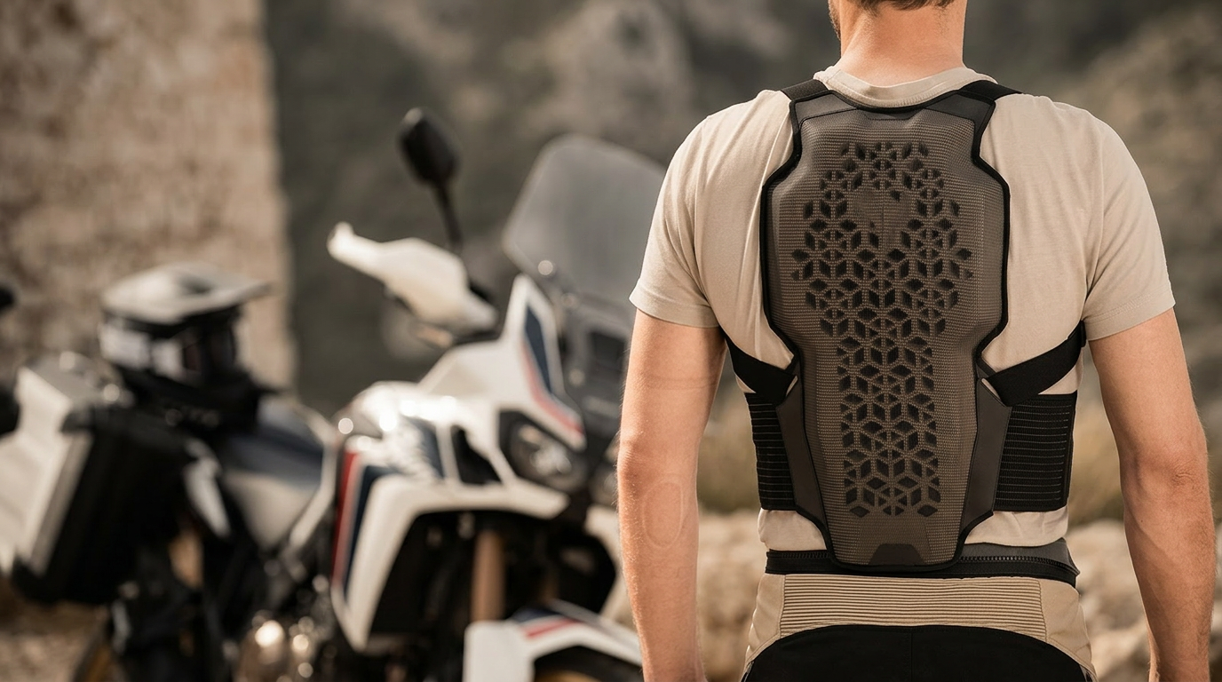 Motorcycle back protector vest worn by rider, warm industrial editorial photography