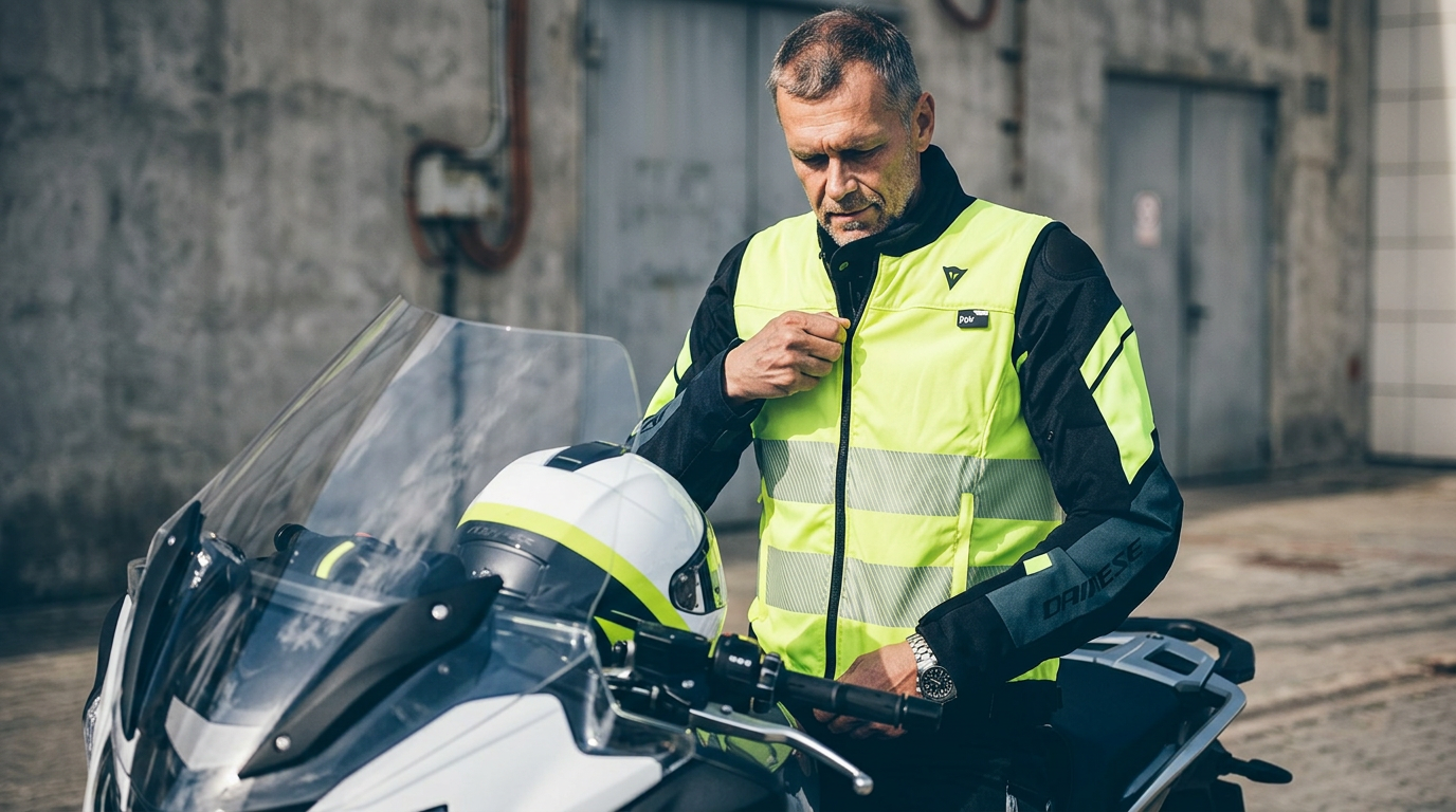 Motorcyclist zipping a high-visibility neon yellow safety vest over a black riding jacket beside his motorcycle